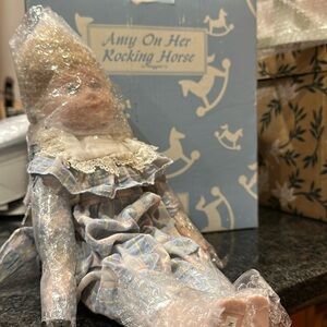 *NEW Porcelain Doll hand painted with wooden vintage horse